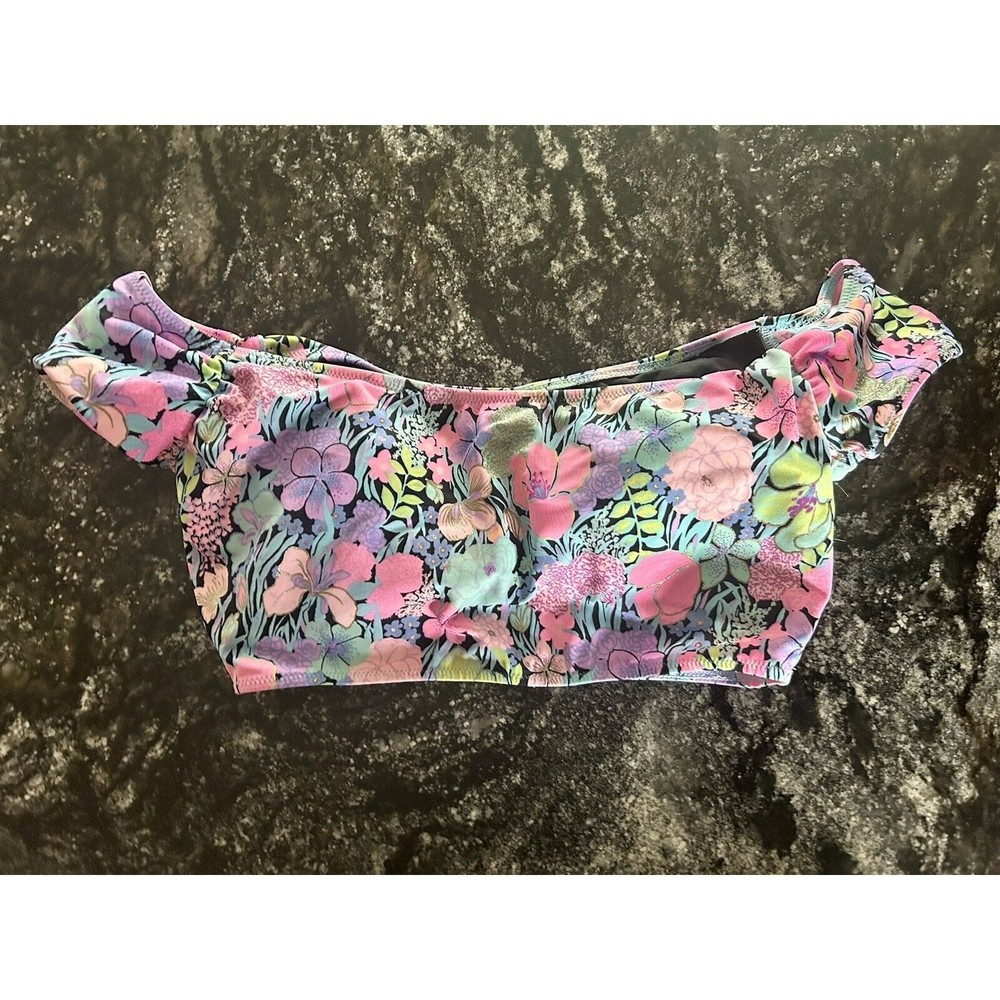 Juniors Off The Shoulder Bikini Top Bright Multi colored Floral XS